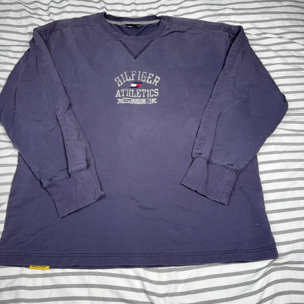 Tommy Hilfiger Athletics Vintage Long Sleeve Shirt Navy Blue Distressed L Y2K